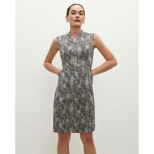 MM. LaFleur Sleeveless V-Neck Printed Sheath Dress in Gray and Cream